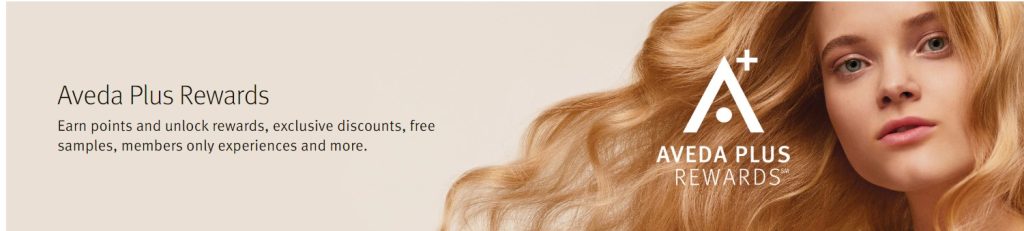 Aveda Plus Rewards advertisement featuring a close-up of a person with beautiful blonde hair. Text promotes points, discounts, free samples, member-only experiences, and rewards that cater to both your hair color and skin care needs. - OYESPA Aveda Lifestyle | nver Grove Heights, MN