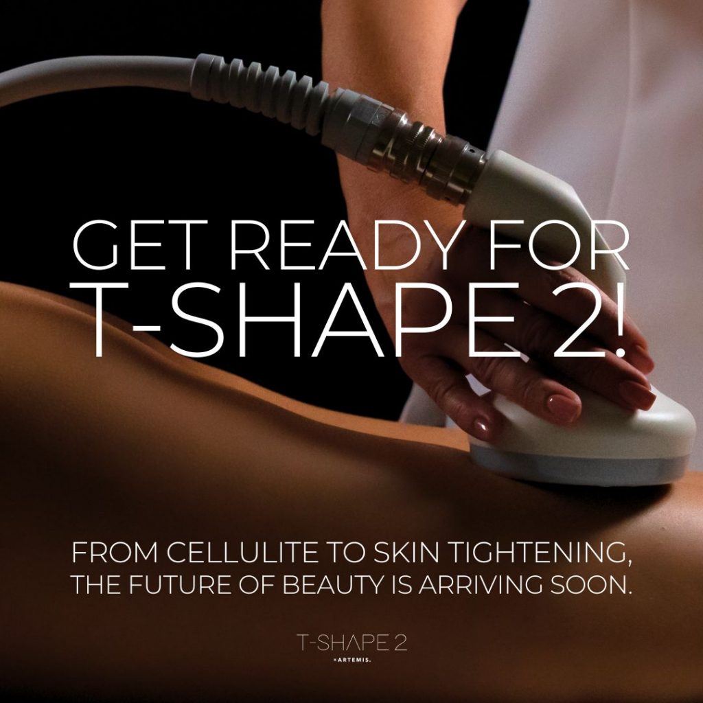 A device is applied to a person's back, promoting T-Shape 2 for cellulite reduction and skin tightening with the text, "Get ready for T-Shape 2!. - OYESPA Aveda Lifestyle | nver Grove Heights, MN
