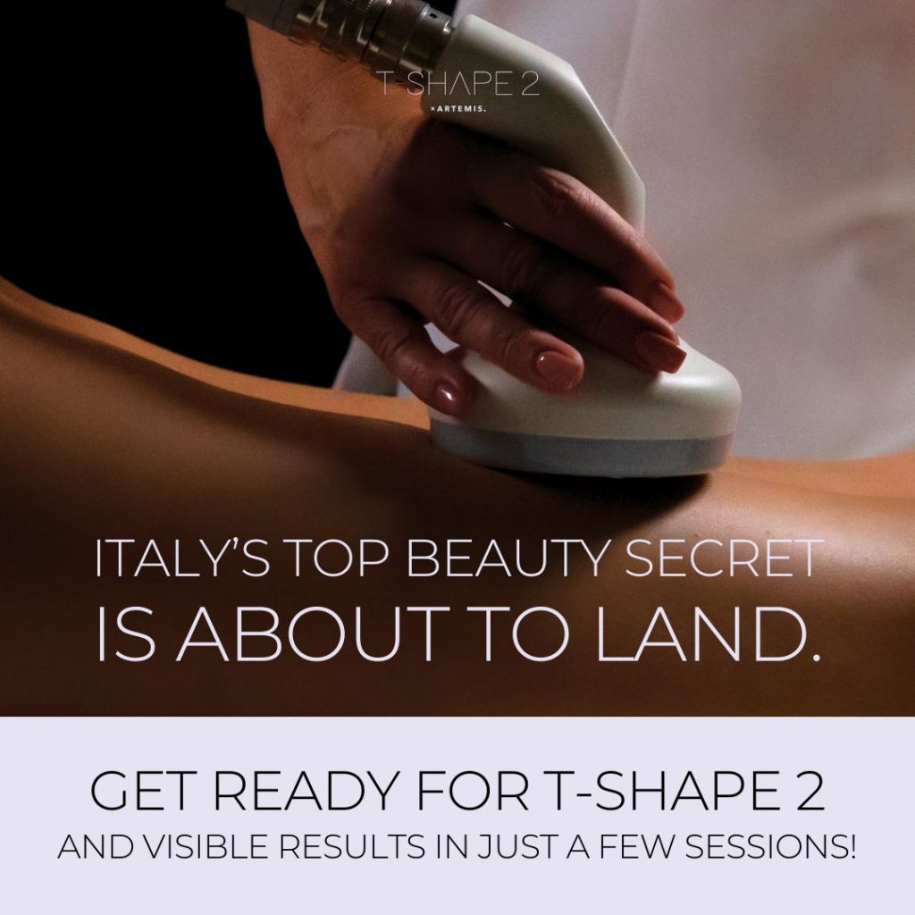 A hand uses a beauty device on a person's leg with the text: "Italy's top beauty secret is about to land. Get ready for T-Shape 2 and visible results in just a few sessions!. - OYESPA Aveda Lifestyle | nver Grove Heights, MN